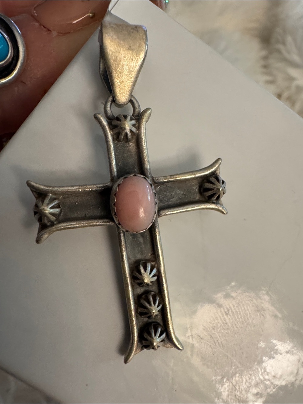 Sterling Silver Cross Pendant with Pink Conch Center